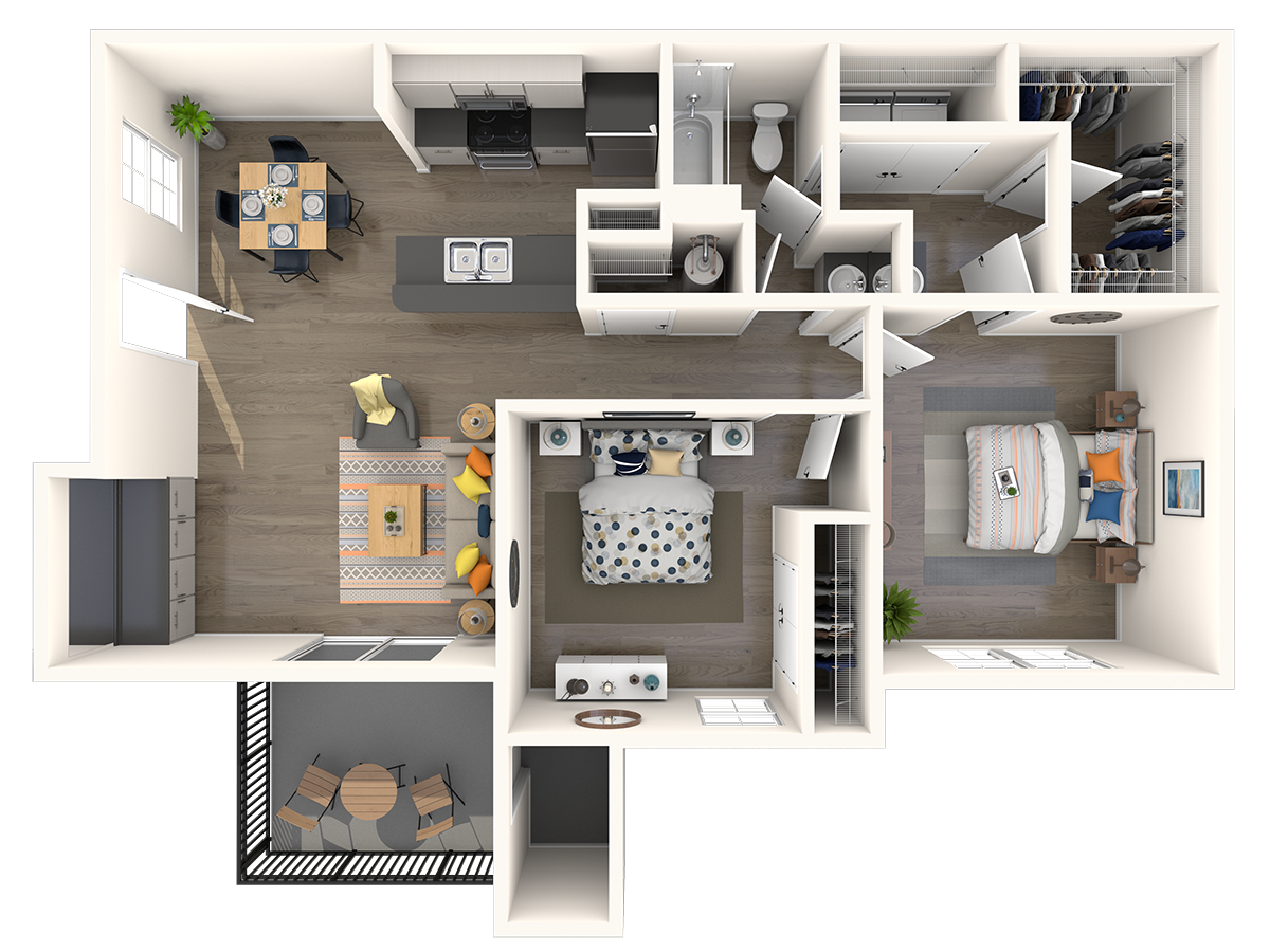 Floor plan for 2 beds, 1.3 baths, 892 sqft