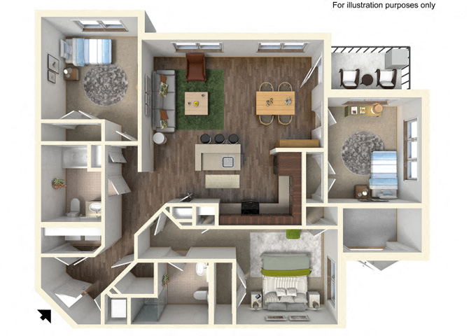 Floor plan for 3 beds, 2 baths, 1283 sqft