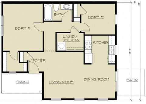 Floor plan for 2 beds, 1 bath, 890 sqft