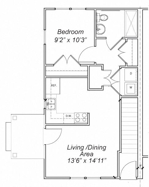Floor plan for 1 bed, 1 bath, 576 sqft
