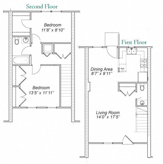 Floor plan for 2 beds, 1.5 baths, 1008 sqft