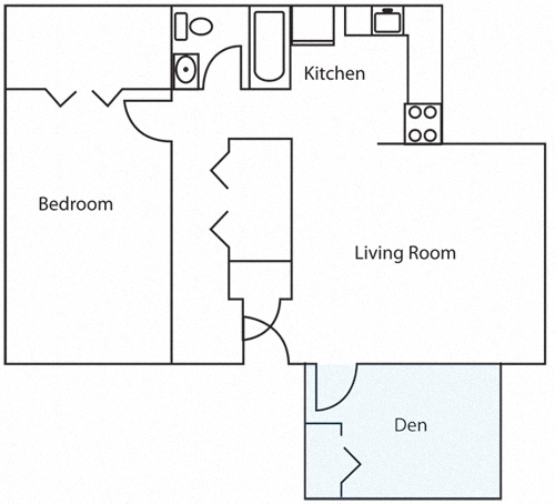 Floor plan for 1 bed, 1 bath, 826 sqft