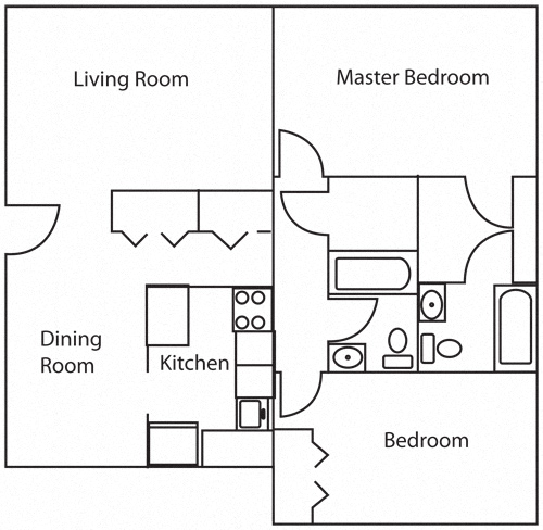 Floor plan for 2 beds, 2 baths, 927 sqft