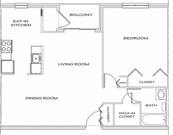 Floor plan for 1 bed, 1 bath, 770 sqft