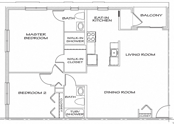 Floor plan for 2 beds, 2 baths, 1030 sqft