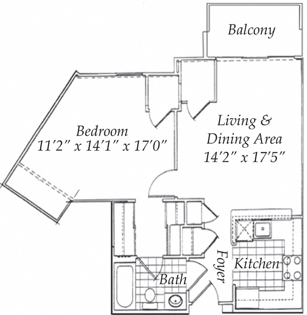 Floor plan for 1 bed, 1 bath, 718 sqft