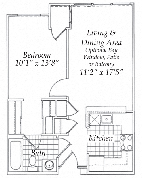 Floor plan for 1 bed, 1 bath, 587 sqft