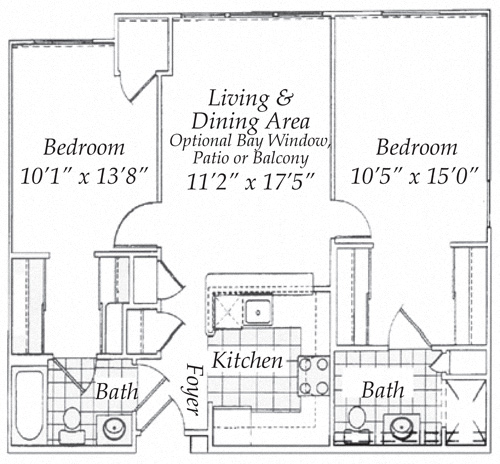 Floor plan for 2 beds, 2 baths, 894 sqft
