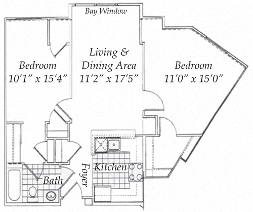 Floor plan for 2 beds, 1 bath, 863 sqft