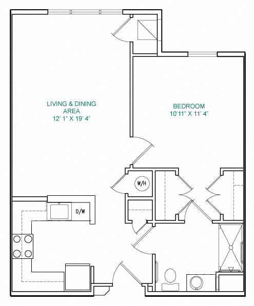 Floor plan for 1 bed, 1 bath, 661 sqft