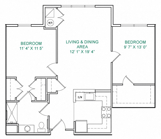 Floor plan for 2 beds, 2 baths, 893 sqft