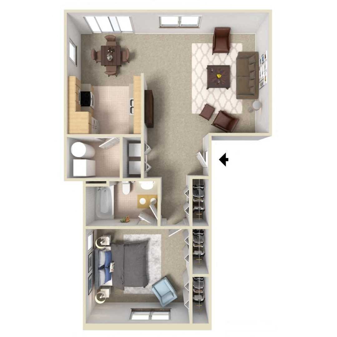 Floor plan for 1 bed, 1 bath, 808 sqft