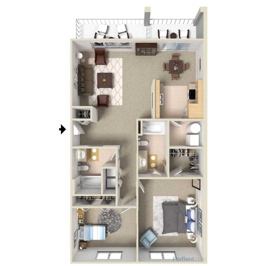 Floor plan for 2 beds, 2 baths, 1144 sqft