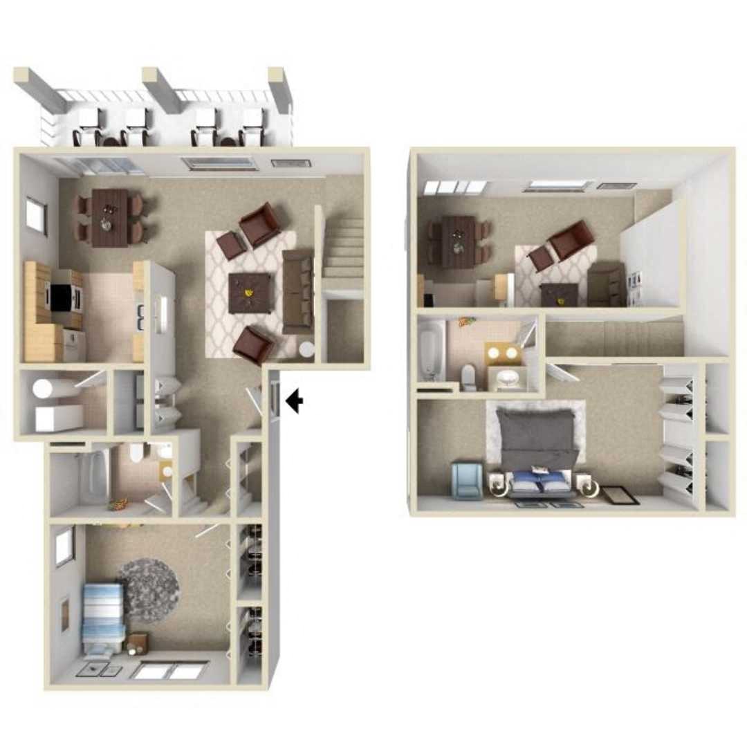 Floor plan for 2 beds, 2 baths, 1162 sqft