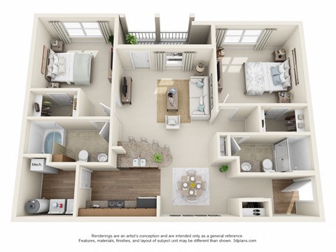 Floor plan for 2 beds, 2 baths, 1170 sqft