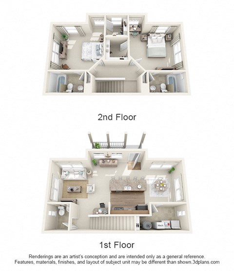 Floor plan for 2 beds, 2.5 baths, 1361 sqft
