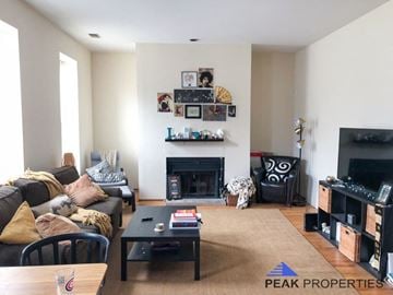 Chicago apartment for rent - a living room with a couch and a table and a fireplace