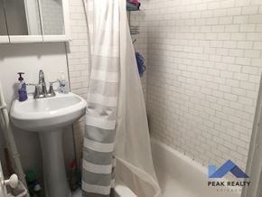 Chicago apartment for rent - a small bathroom with a sink and a shower curtain