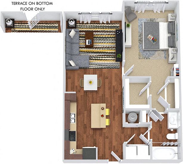 Floor plan for 1 bed, 1 bath, 826 sqft