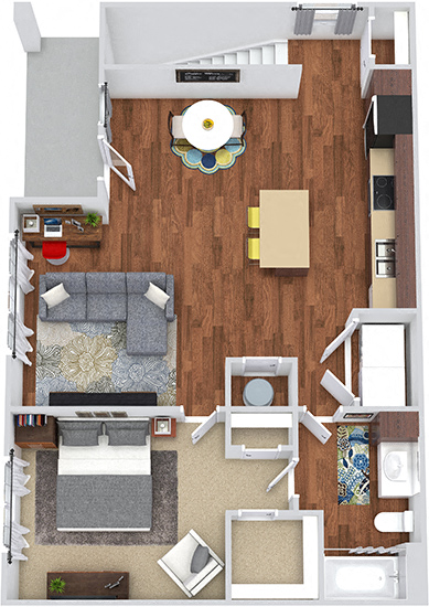 Floor plan for 1 bed, 1 bath, 889 sqft