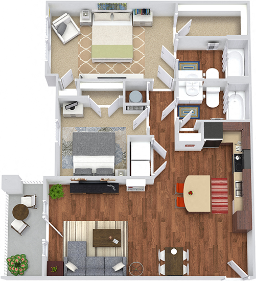 Floor plan for 2 beds, 2 baths, 1080 sqft