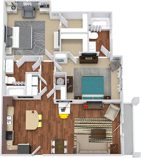 Floor plan for 2 beds, 2 baths, 1125 sqft