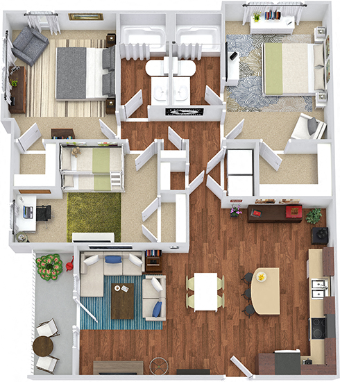 Floor plan for 3 beds, 2 baths, 1324 sqft