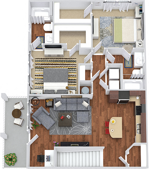 Floor plan for 2 beds, 2 baths, 1121 sqft