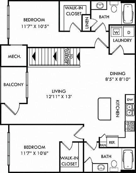 Floor plan for 2 beds, 2 baths, 1186 sqft