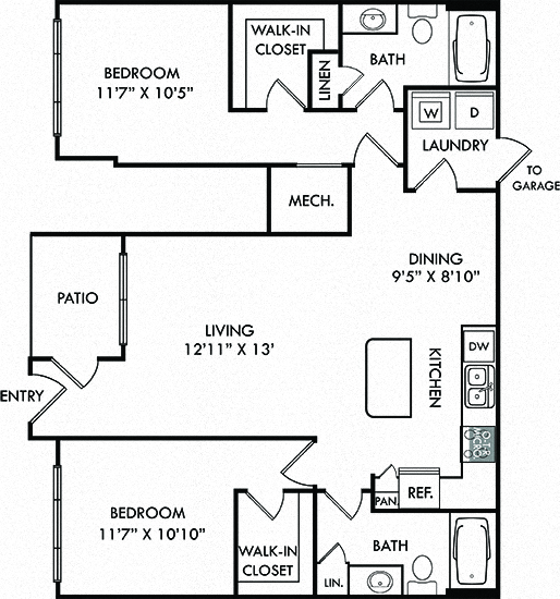 Floor plan for 2 beds, 2 baths, 1086 sqft