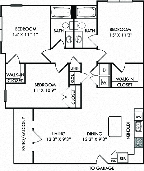 Floor plan for 3 beds, 2 baths, 1324 sqft