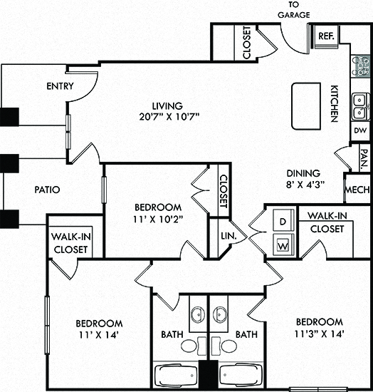Floor plan for 3 beds, 2 baths, 1303 sqft