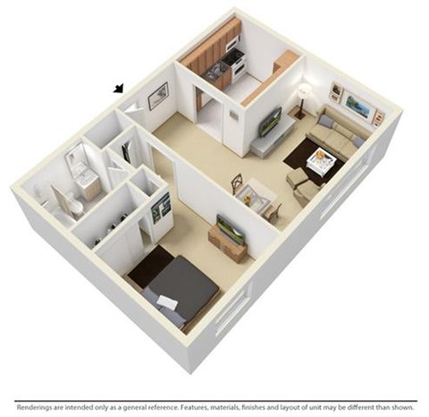 Floor plan for 1 bed, 1 bath, 600 sqft