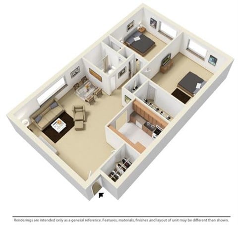 Floor plan for 2 beds, 1 bath, 750 sqft