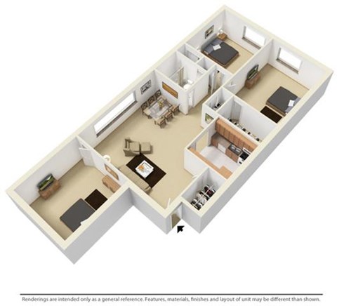 Floor plan for 3 beds, 1 bath, 950 sqft