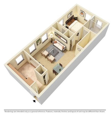 Floor plan for 1 bed, 1 bath, 589 sqft
