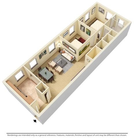 Floor plan for 2 beds, 1 bath, 744 sqft