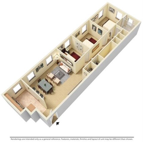 Floor plan for 3 beds, 1 bath, 875 sqft