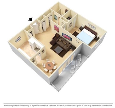 Floor plan for 1 bed, 1 bath, 735 sqft