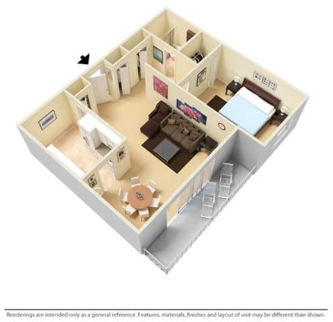 Floor plan for 1 bed, 1 bath, 735 sqft