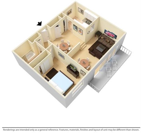 Floor plan for 1 bed, 1 bath, 735 sqft