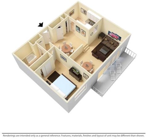 Floor plan for 1 bed, 1 bath, 735 sqft