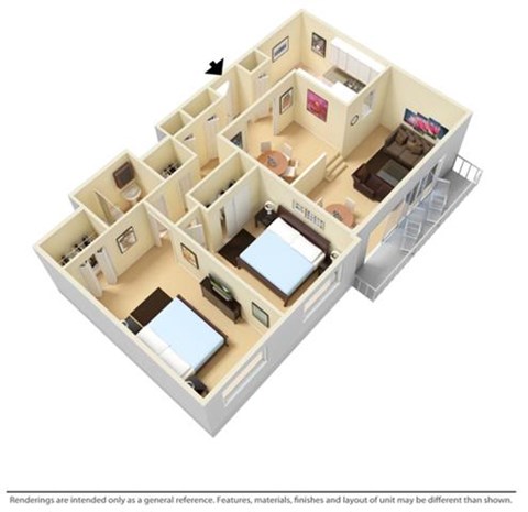 Floor plan for 2 beds, 1 bath, 940 sqft
