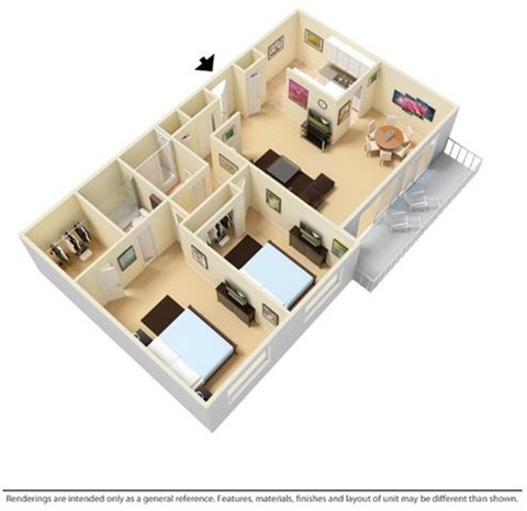 Floor plan for 2 beds, 2 baths, 1042 sqft