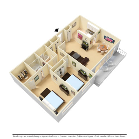 Floor plan for 2 beds, 2 baths, 1042 sqft