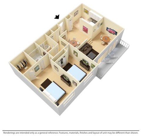 Floor plan for 2 beds, 2 baths, 1042 sqft
