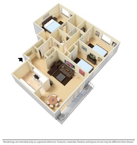 Floor plan for 3 beds, 2 baths, 1308 sqft