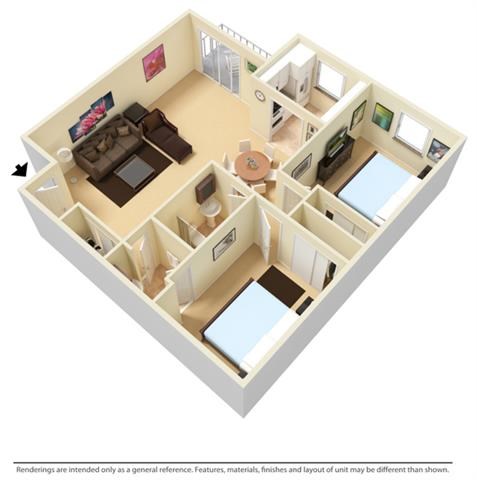 Floor plan for 2 beds, 1.5 baths, 915 sqft