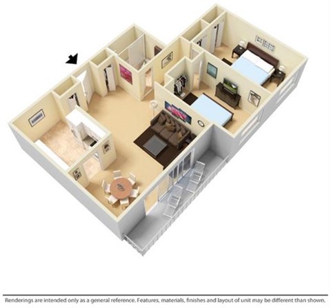 Floor plan for 2 beds, 1 bath, 940 sqft