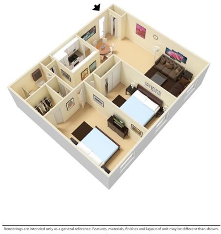 Floor plan for 2 beds, 1 bath, 920 sqft